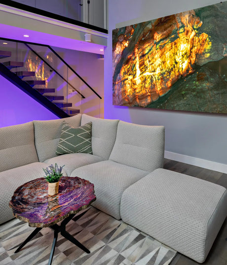 An example of Art In Stone—a backlit jasper wall panel from Rare Earth Gallery in Cave Creek Arizona