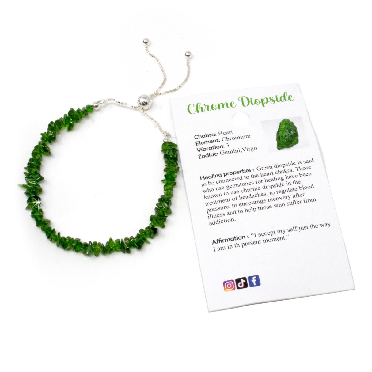 Chrome Diopside Chip Beaded Bracelet with 925 Sterling Silver Adjustable Ball & Chain