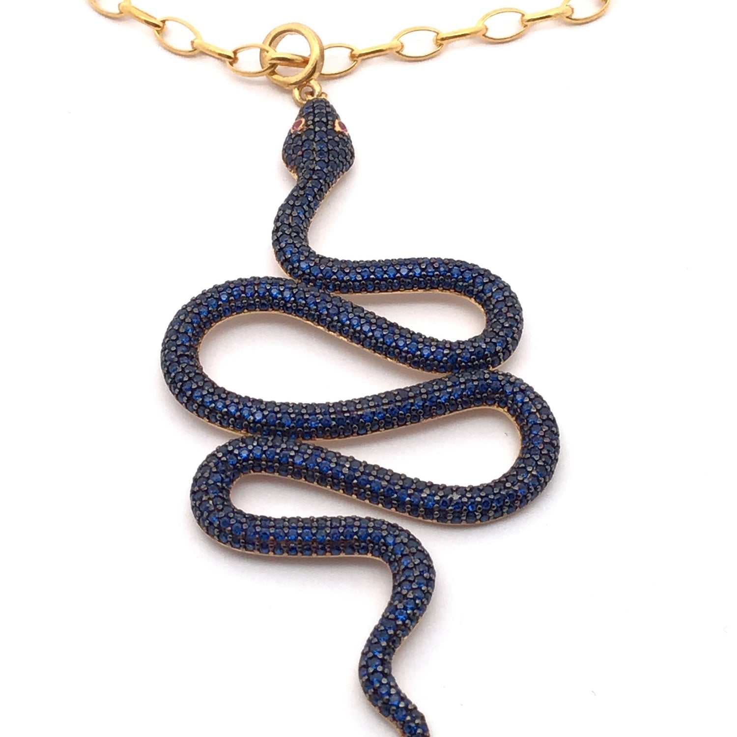 Nano Stone Necklace - Blue Snake Pendant with Red Eyes & Chain in Gold Vermeil over 925 Sterling Silver