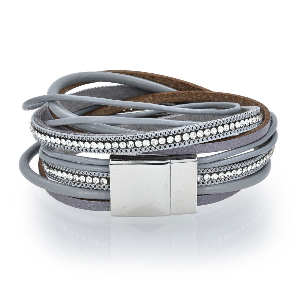 Gray Agate Coin Multi Wrap Bracelet Double - Large with Magnetic Clasp