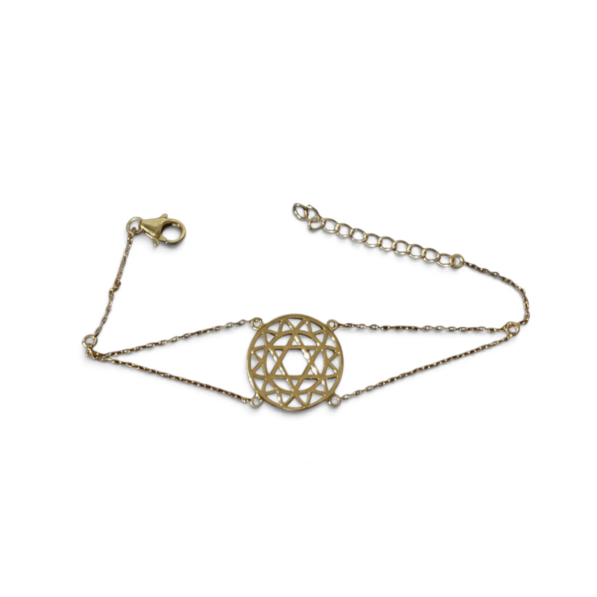 Rare Earth Gallery gold overlay sterling silver heart chakra bracelet with sacred geometry design on a delicate chain