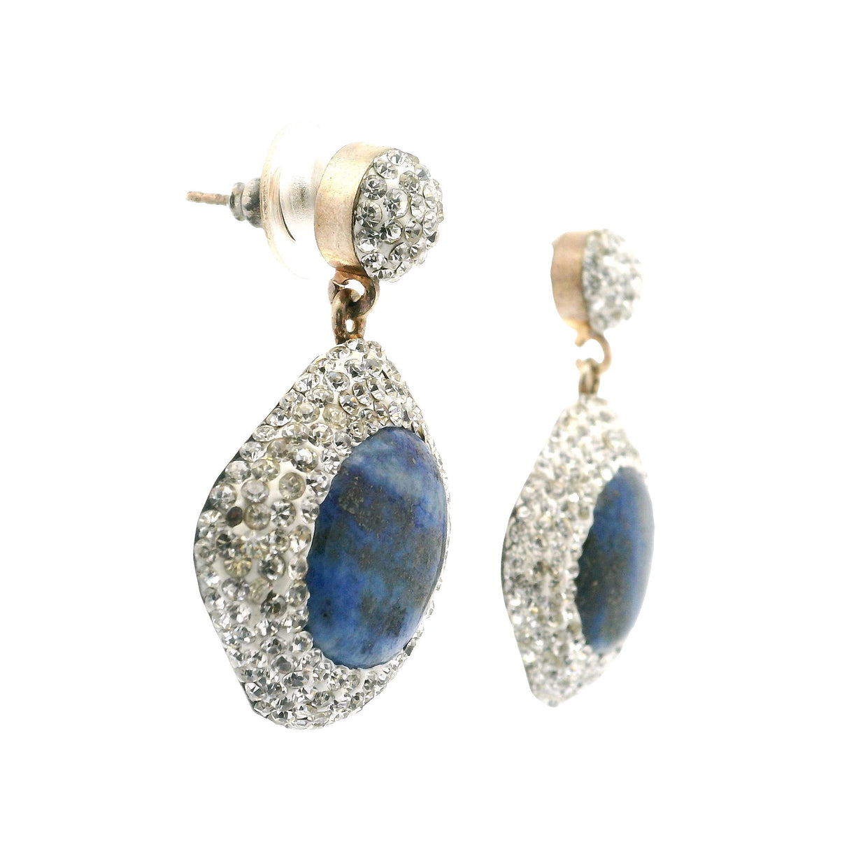 Lapis Lazuli Earrings - Round Cabochon with Silver Swarovski Crystals in 925 Sterling SIlver