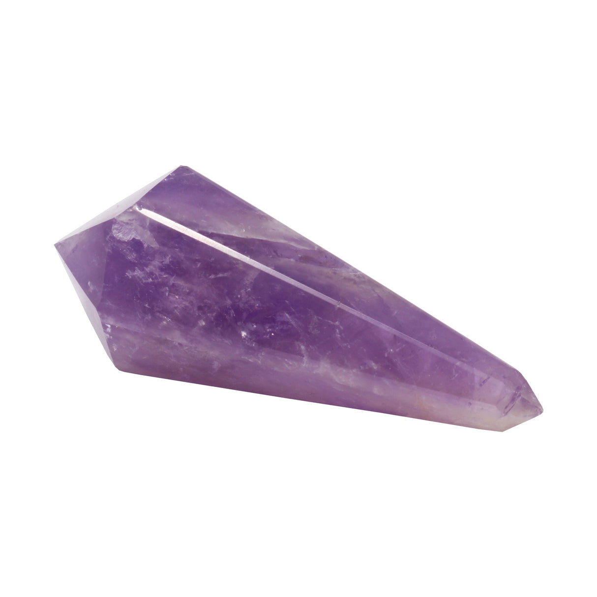 Polished amethyst Vogel wand, deep purple faceted double point, alternate angle