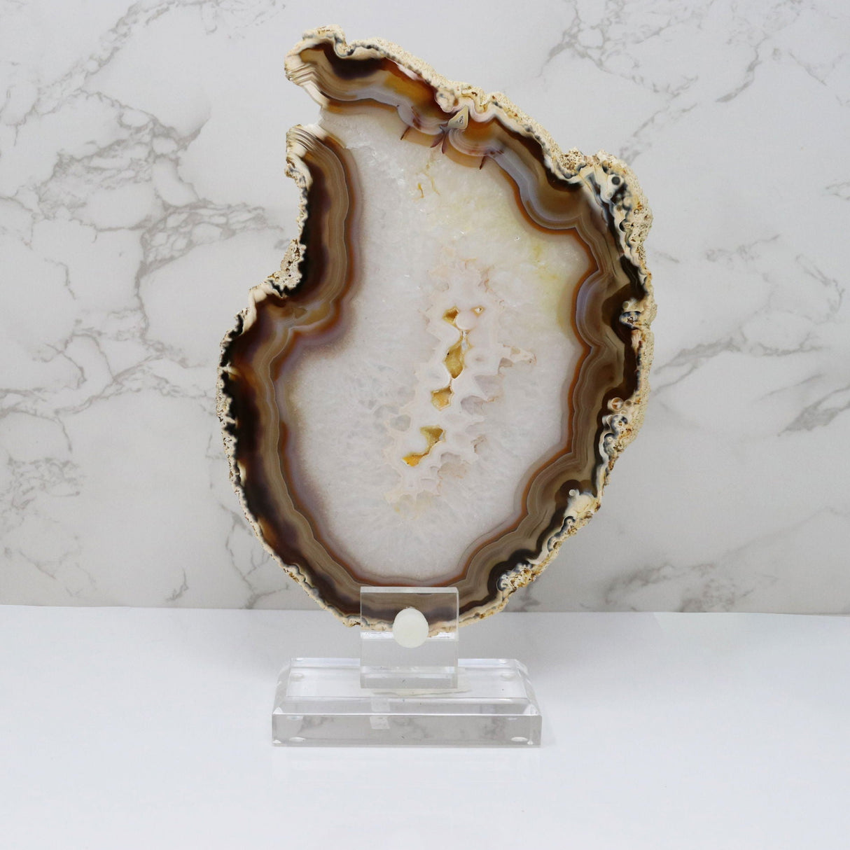 Agate Druze Slice on Screw Stand - Woody Exterior with Unique Shape & Heavy Carnelian Bands with Citrine Druze Center & Double-Sided Polish