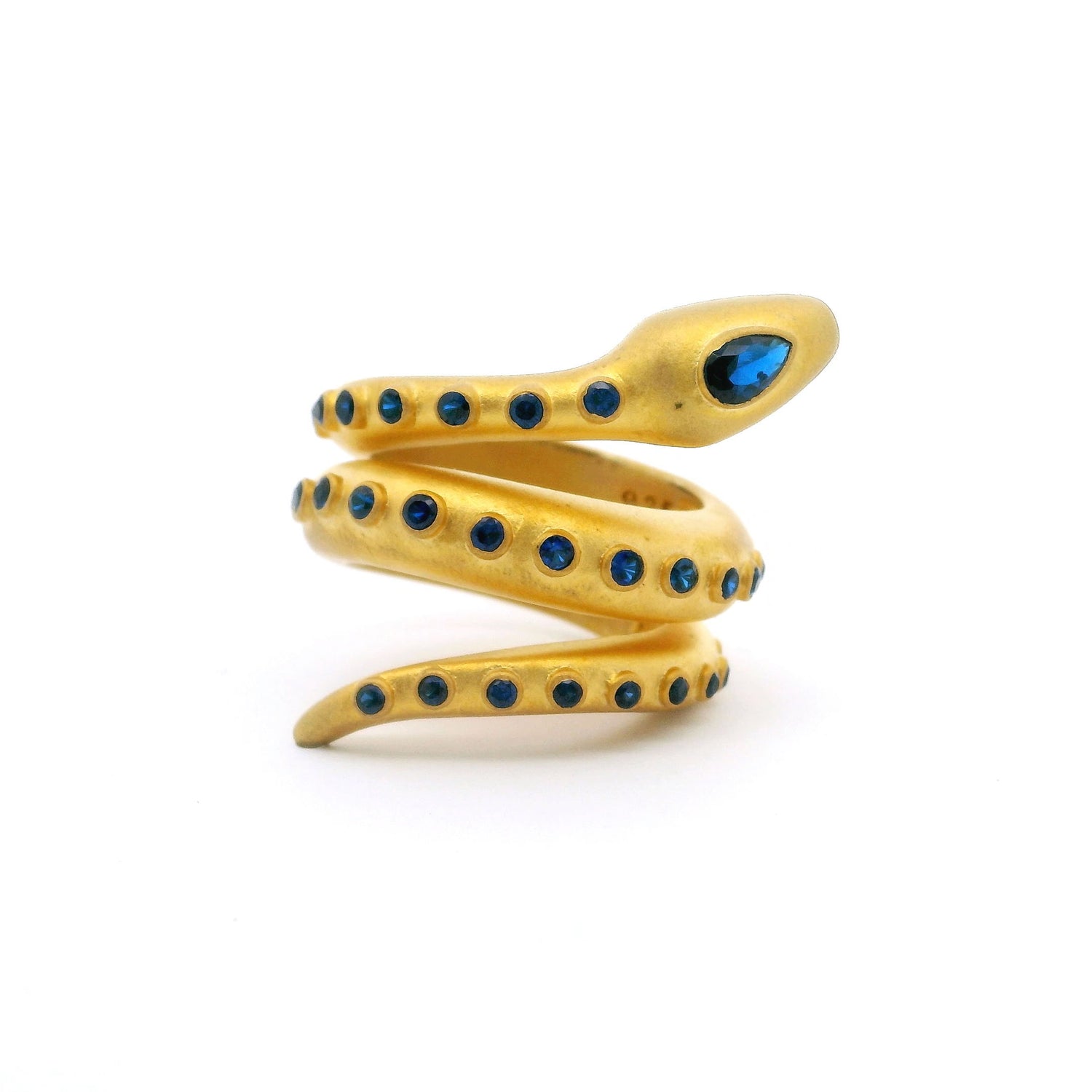 Nano Stone Ring - Wrap-around Brushed Gold Snake with Blue Eyes & Blue Crystal Accents Bezel Set in Gold Vermeil over 925 Sterling Silver sz7.5