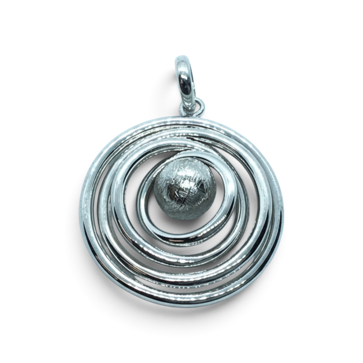 Rare Earth Gallery Muonionalusta meteorite orbital pendant featuring concentric silver rings and a textured sphere