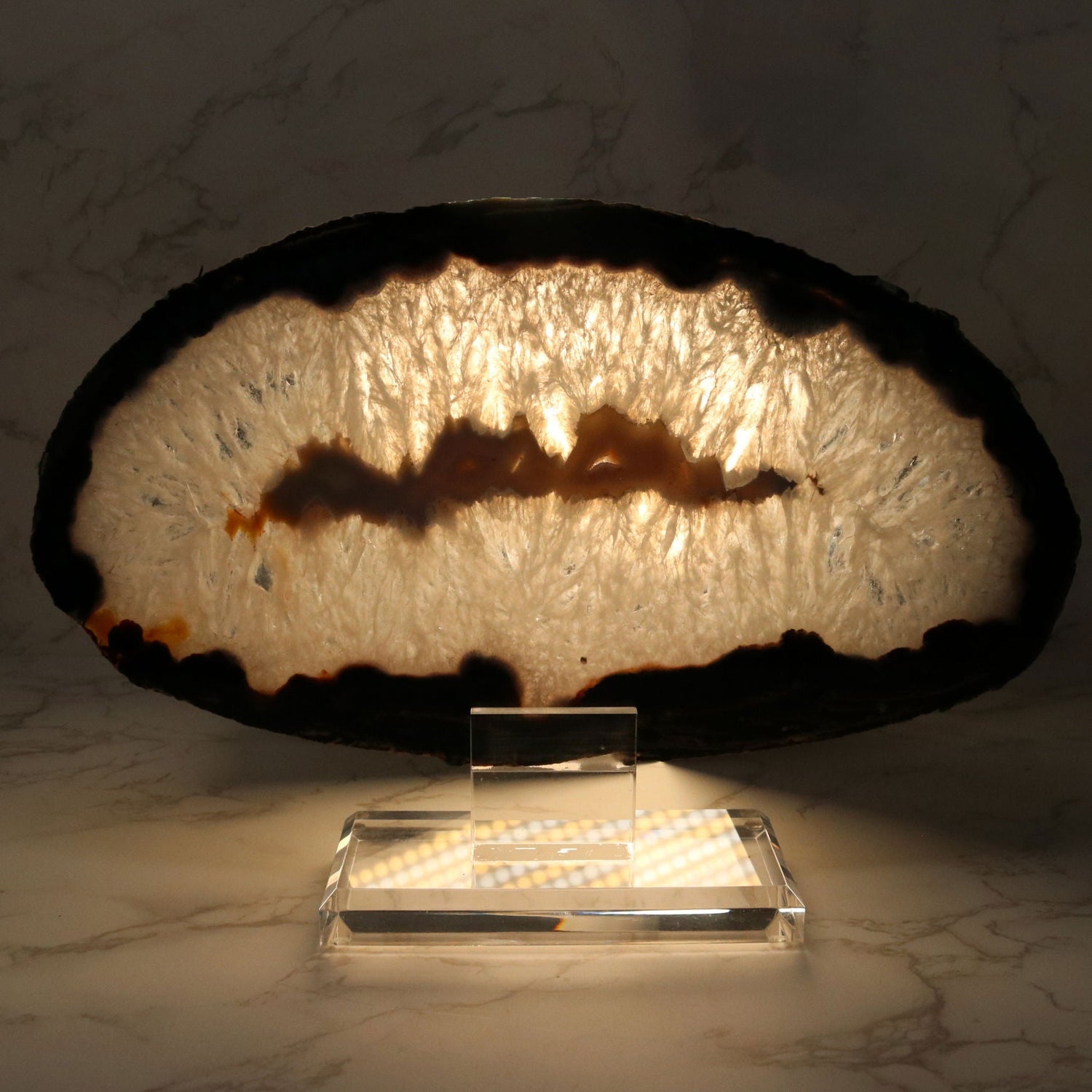 Agate Druze Slice on Screw Stand - Thick Black & Blue Exterior Layer with Quartz and Ash Gray Agate Center - Double-Sided Polish