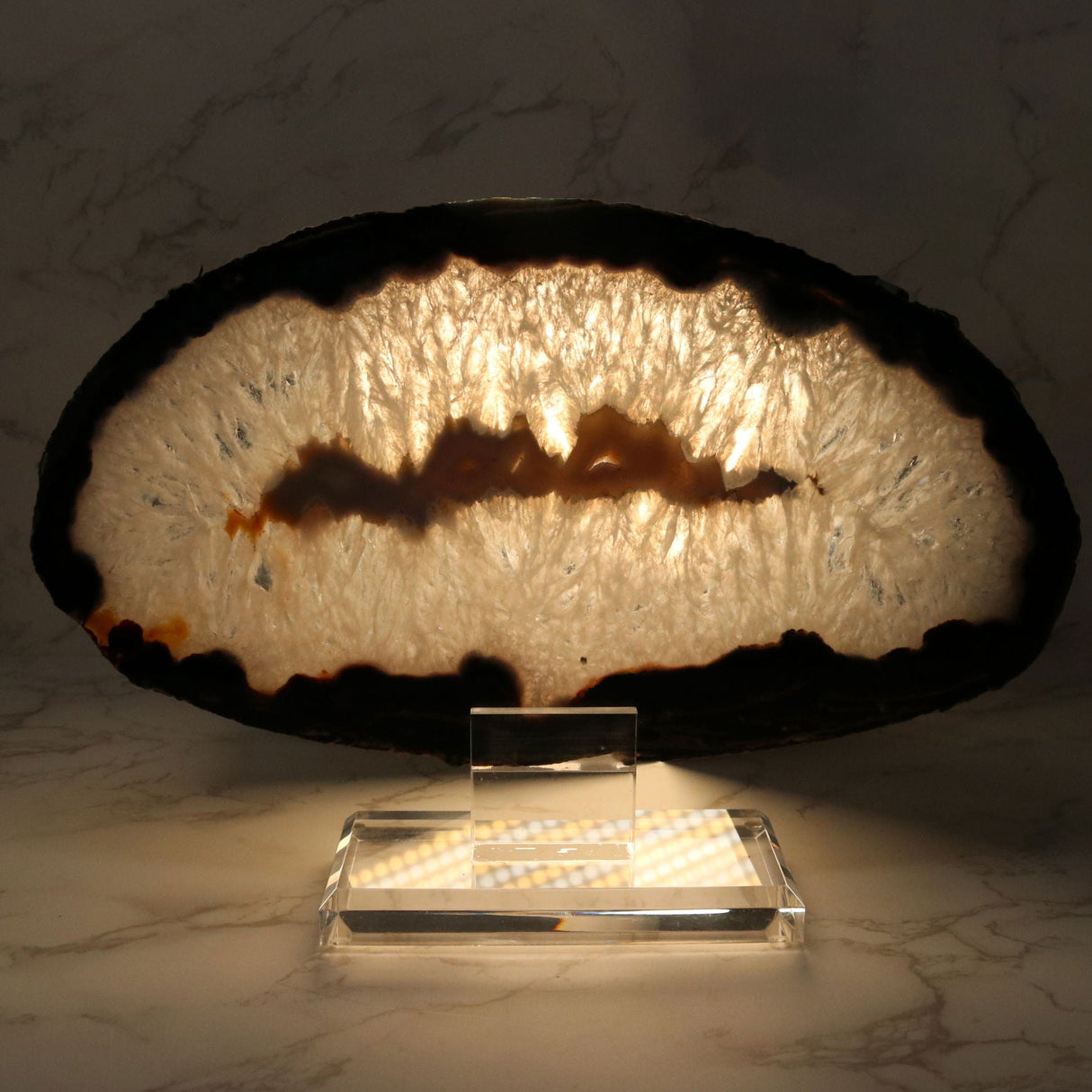 Agate Druze Slice on Screw Stand - Thick Black & Blue Exterior Layer with Quartz and Ash Gray Agate Center - Double-Sided Polish