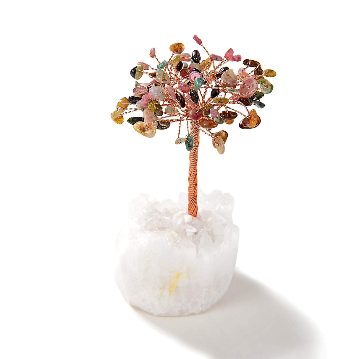 Multi-Tourmaline Copper Wire Beaded Gemstone Tree on Quartz Crystal Base
