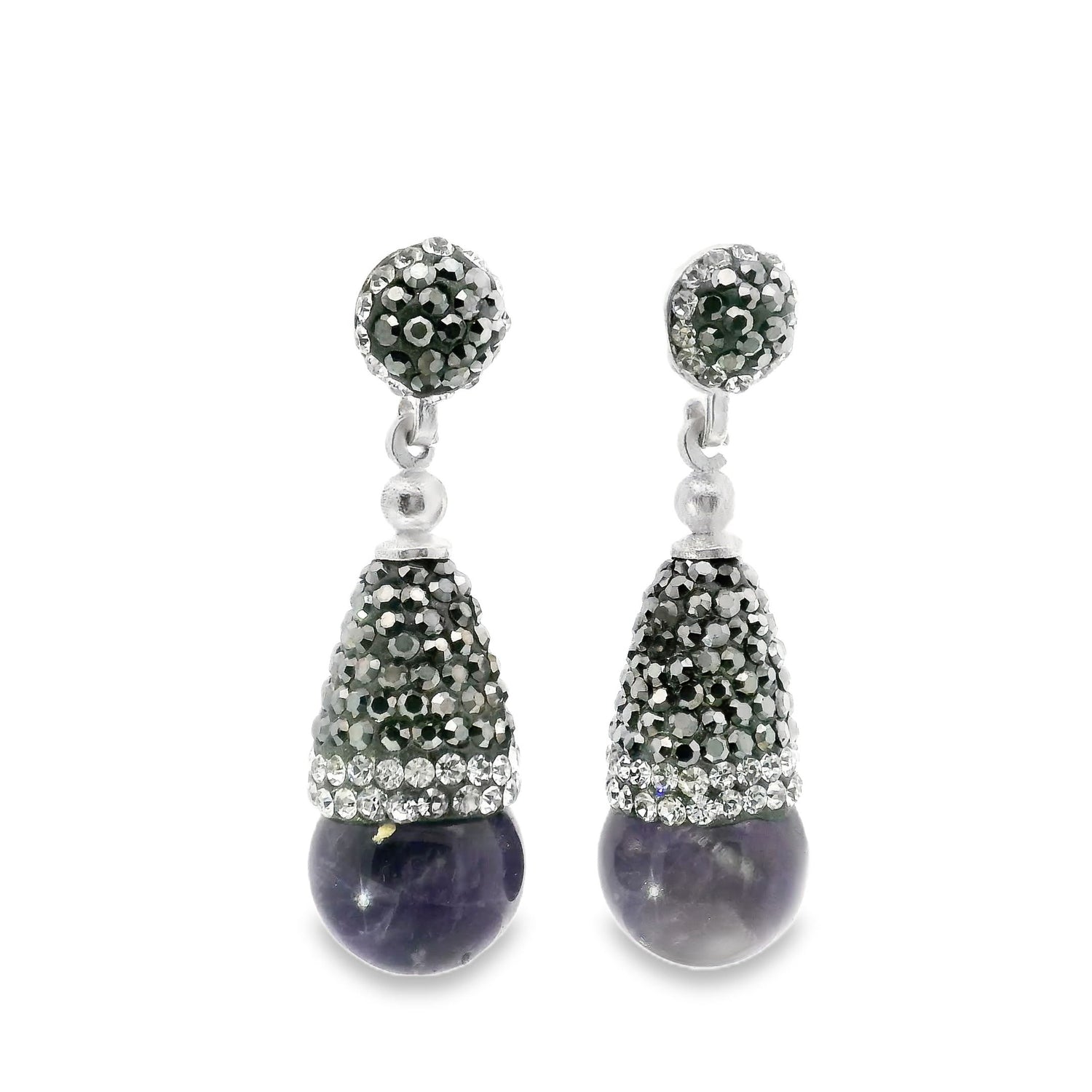Amethyst Dangle Earrings - Amethyst Sphere Below Reverse Cone of Marcasite & Silver Swarovski Crystals with 925 Sterling Silver