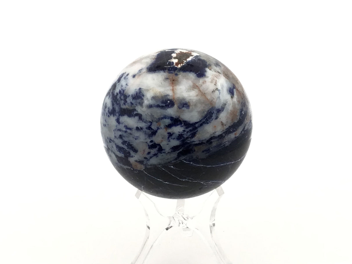 A+ Sodalite Sphere on Lucite Ring Stand - Stunning Deep Royal Blue with White Webbing & Peach Inclusions
