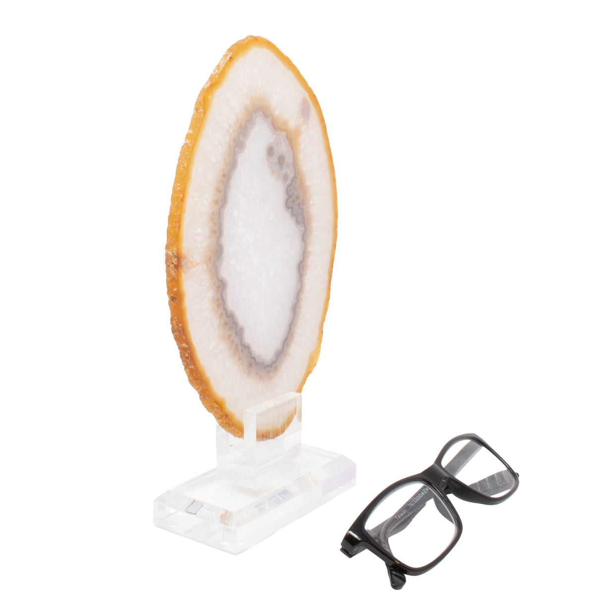 Carnelian Agate Druze Slice On Acrylic Screw Stand - Gray Tubular Inclusions with Double Banded Quartz