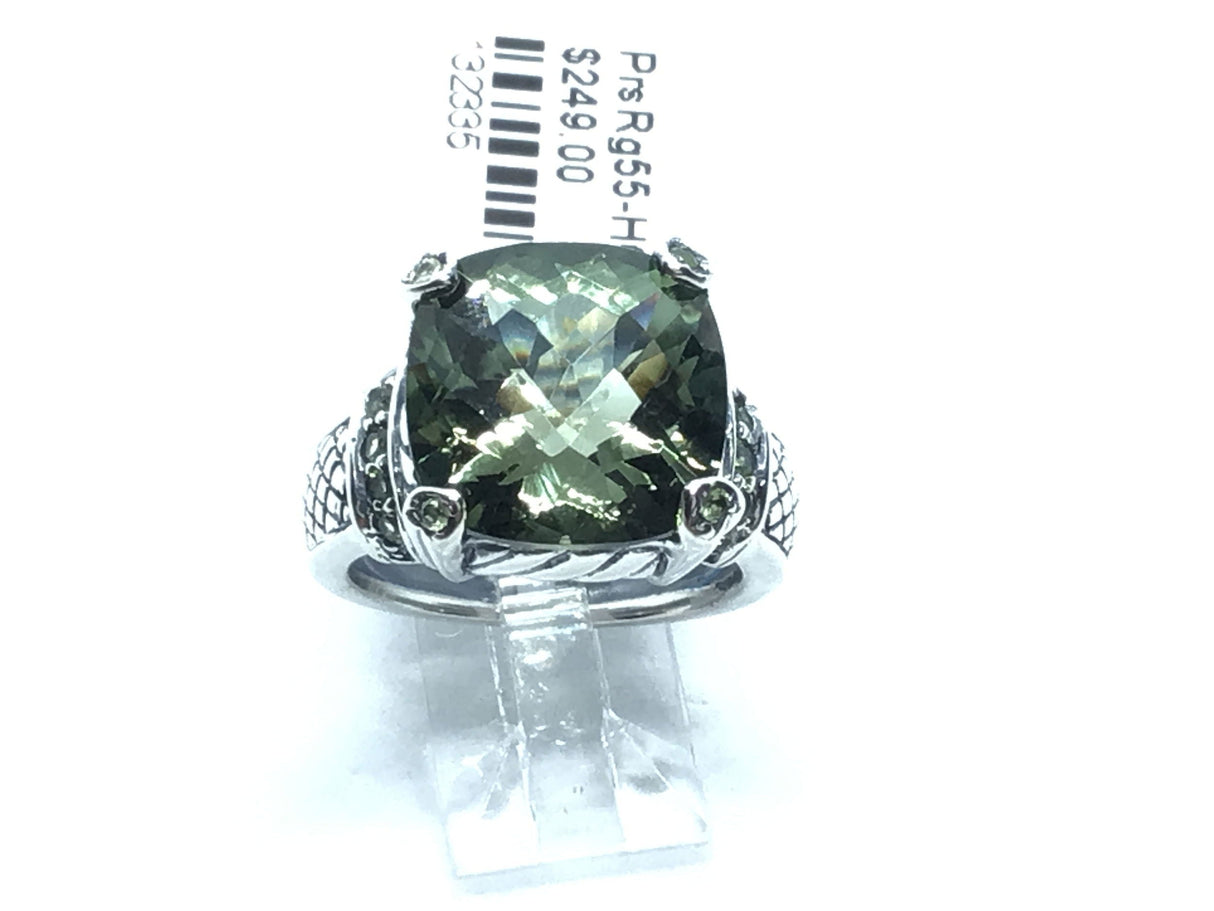 Prasiolite Ring - Faceted Square With Checkerboard Facets & Ornate Silver Bezel With Peridot Rounds & Stamped Band Sz10