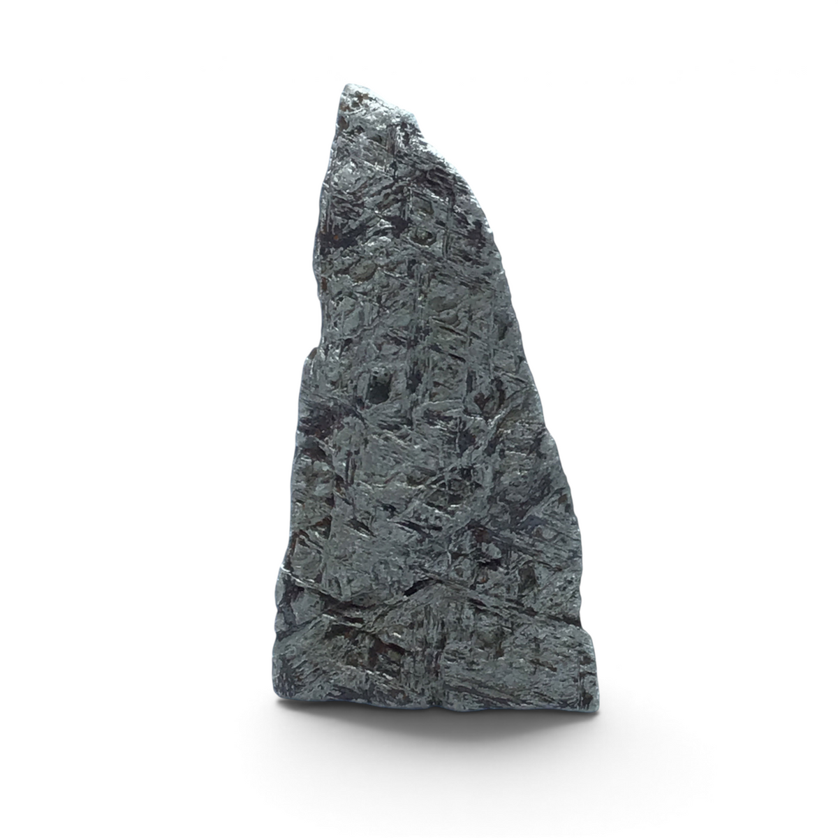 Muonionalusta meteorite mountain corner edge cut, front face showing dark etched Widmanstatten pattern