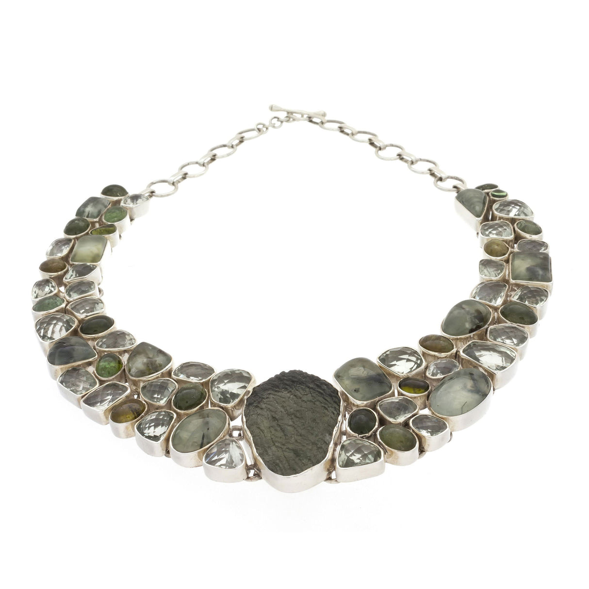 Moldavite Necklace Collar with Prehnite & Epidote and Prasiolite & Tourmaline