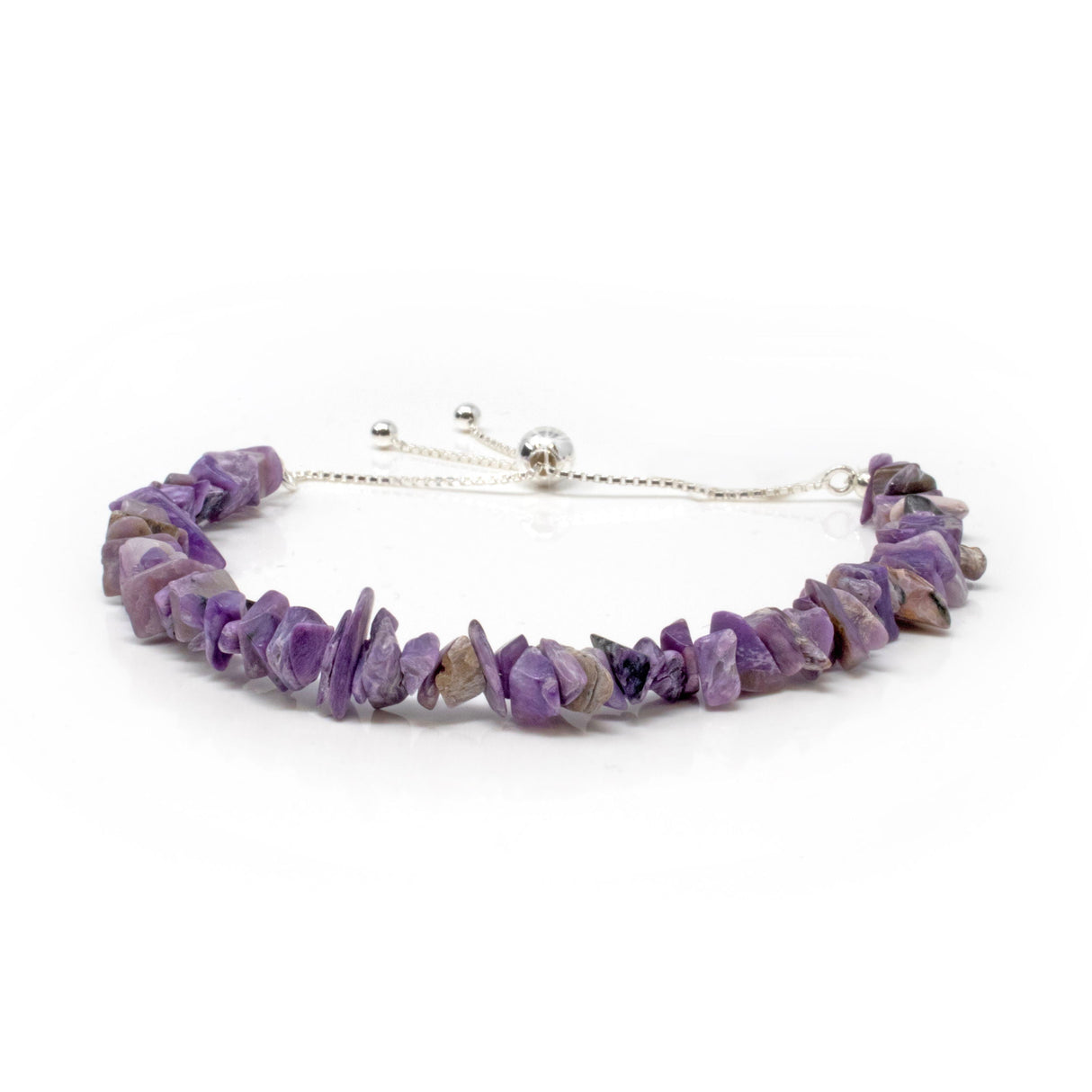 Charoite Chip Beaded Bracelet with 925 Sterling Silver Adjustable Ball & Chain