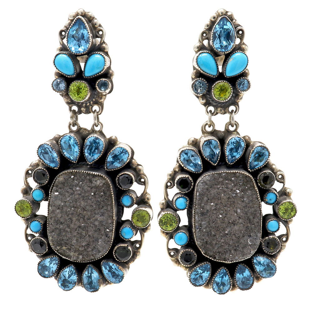 Leo Feeney Druze Earrings Gray with Blue Topaz, Sleeping Beauty Turquoise, Peridot & Green Tourmaline