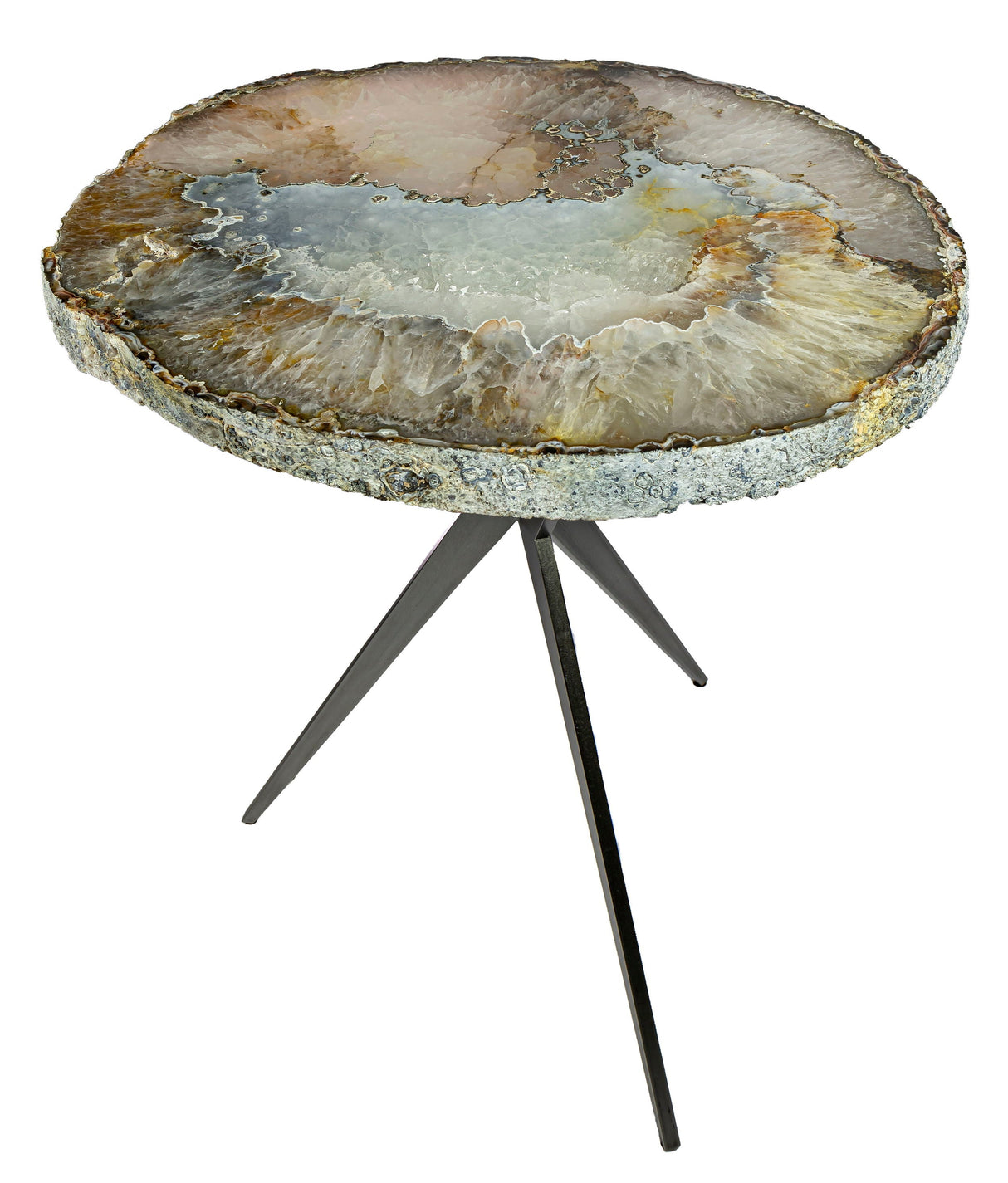 Agate Side Table On Custom Design Base With Quartz And Ice Blue Quartz Center Vug