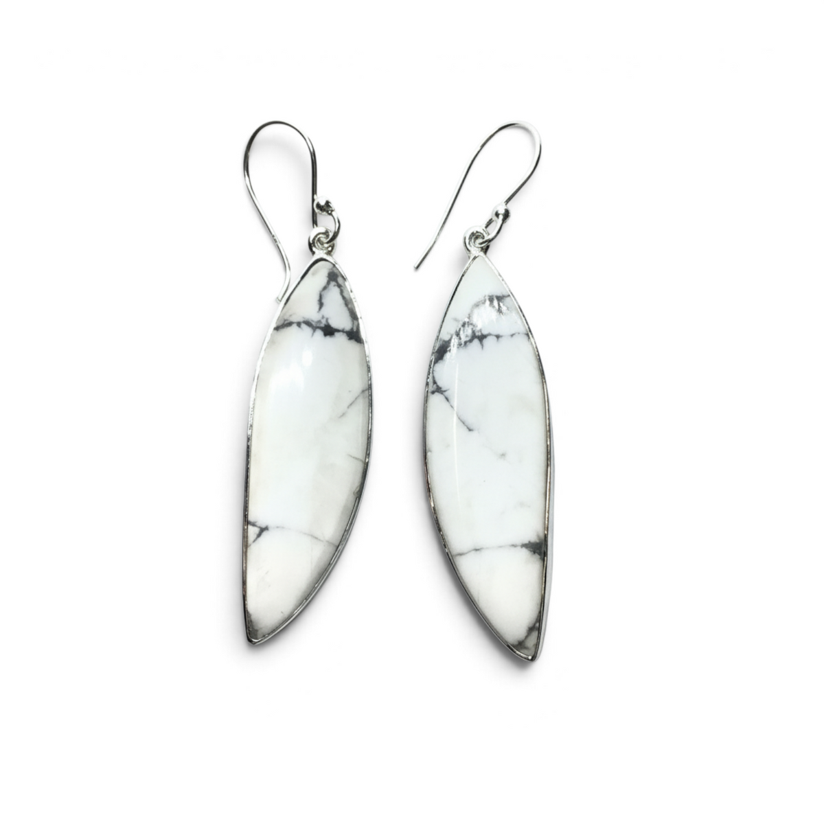 Rare Earth Gallery howlite dangle earrings featuring elongated sharp oval cabochons set in 925 sterling silver bezels.