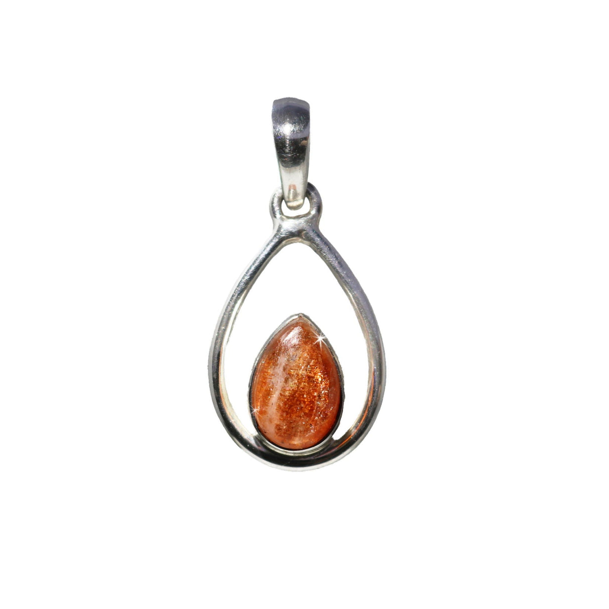 Sunstone Pendant - Dainty Pear Cabochon Set in Open Sterling Silver Frame