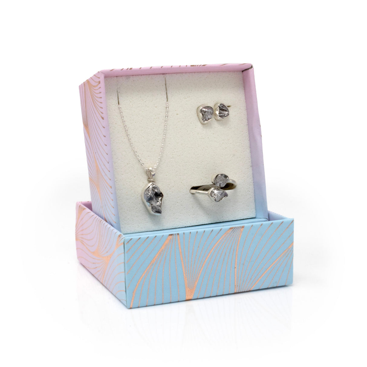 Campo De Cielo Set with Necklace & Stud Earrings & Duo Ring with Open Top - Bezel Set Nuggets Size 7