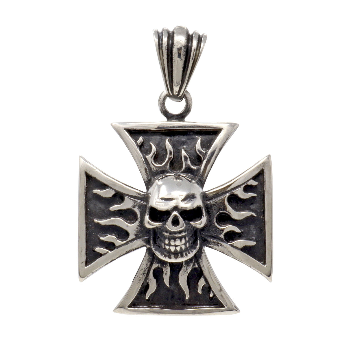 Stainless Steel Skull Pendant - Chopper Cross with Flames