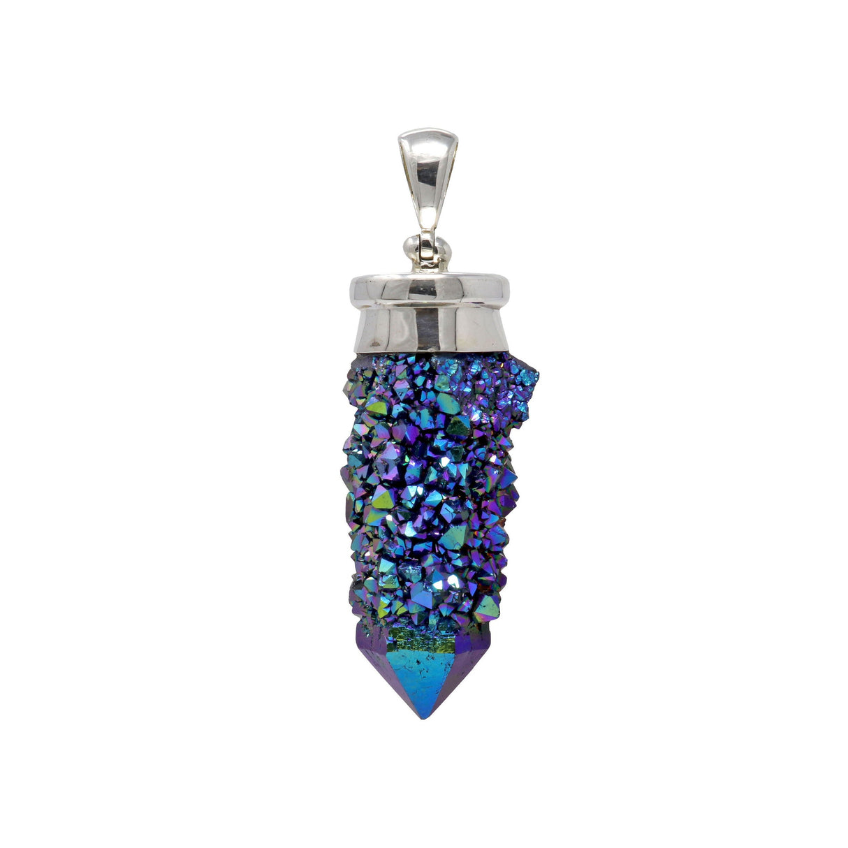 Spirit Quartz Pendant - Narrow Single Point Rainbow Titanium Druze with Silver Lantern Top Bezel