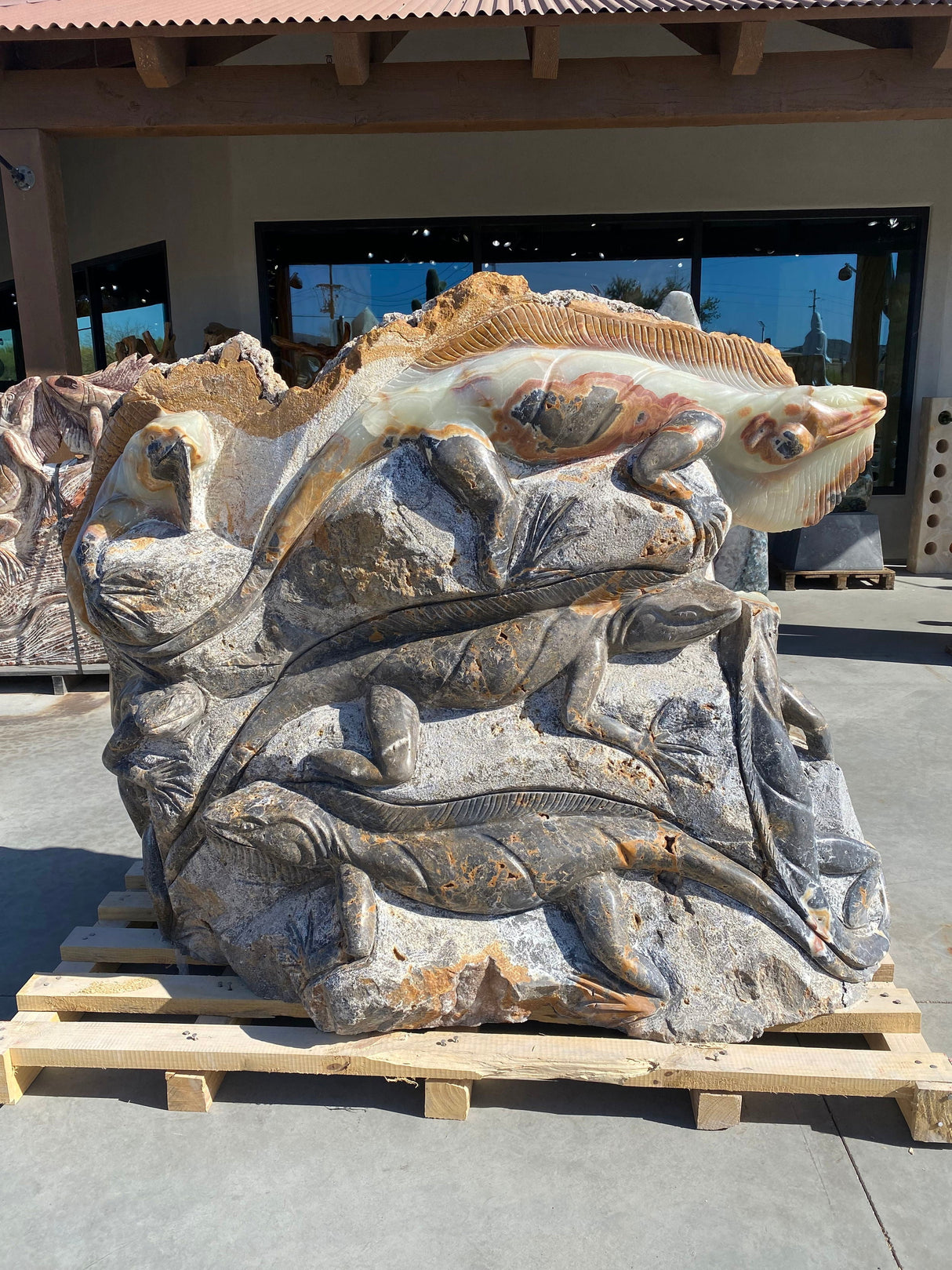 Grey Marble & Green Talan Onyx Iguana Cluster Carving With Coral - Large