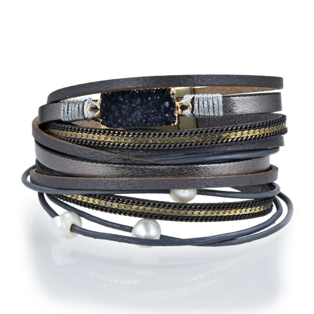 Charcoal Druze Multi Wrap Bracelet Double with Magnetic Clasp
