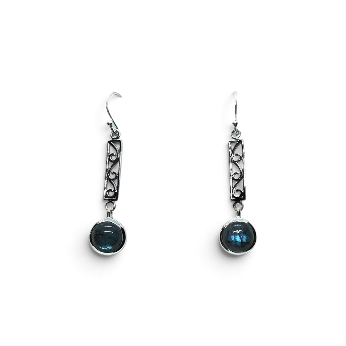 Rare Earth Gallery labradorite dangle earrings featuring round cabochons in 925 sterling silver swirl bar settings.
