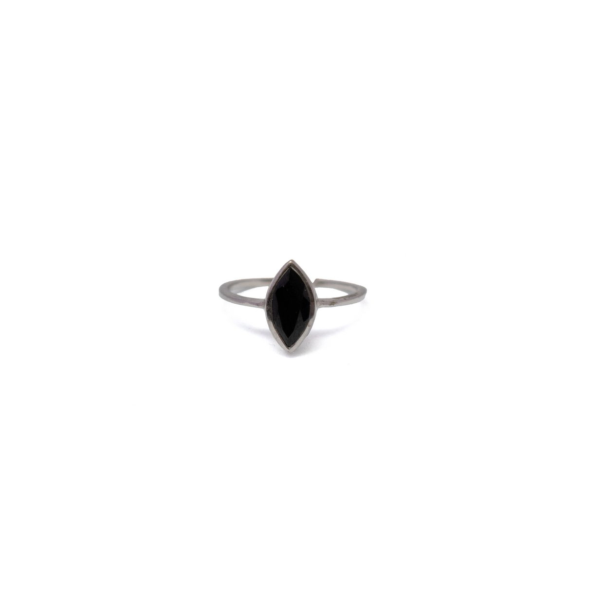 Black Spinel Ring - Faceted Sharp Oval With Tall Silver Bezel Set On Simple Vert Band Sz6