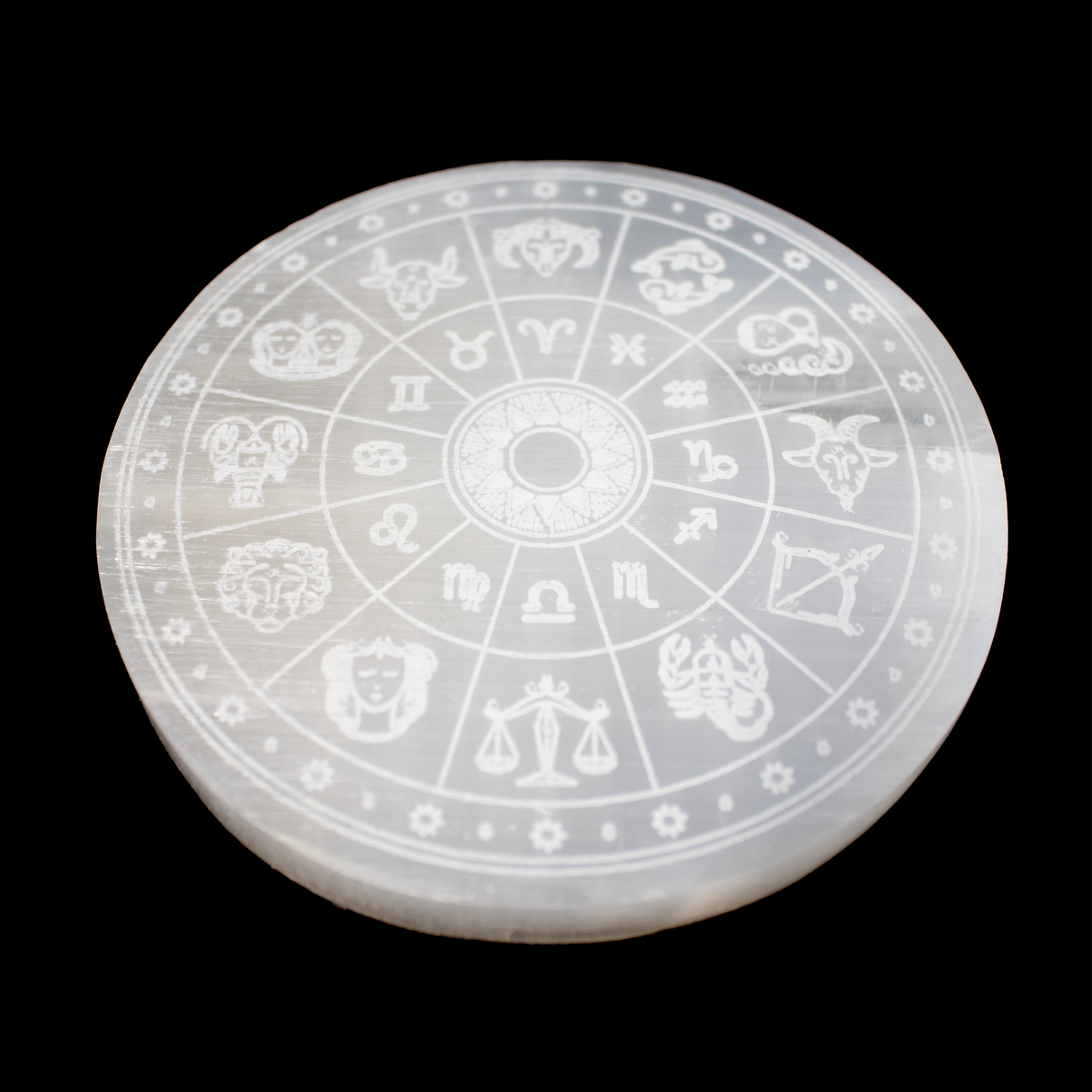 Engraved Selenite Disc - Zodiac from Morocco
