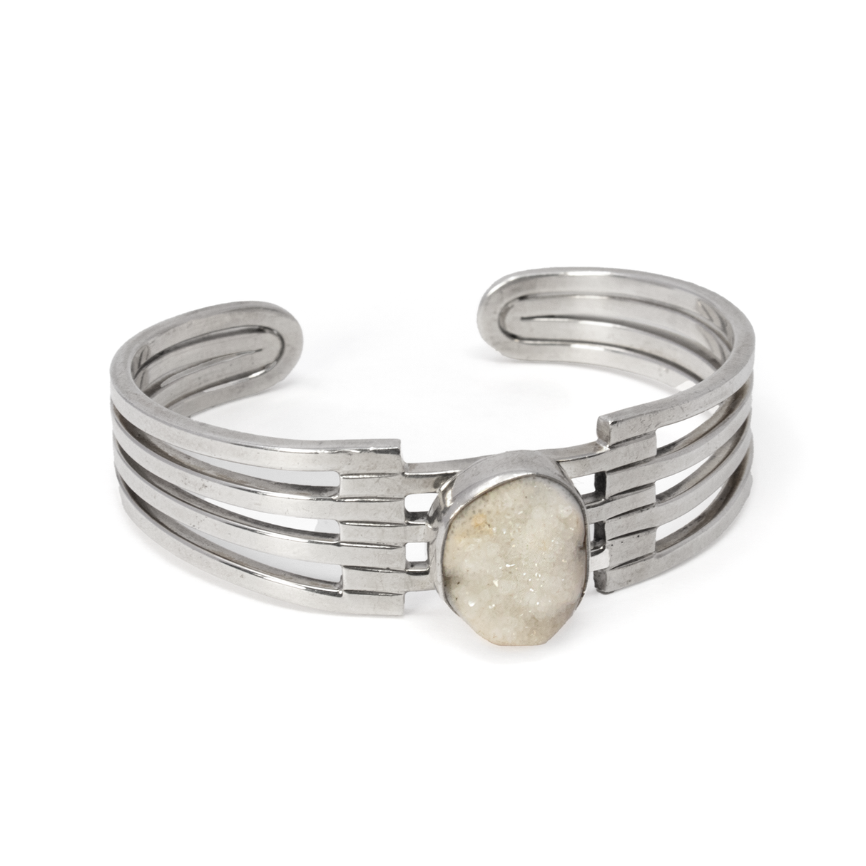 View of White Quartz Druze Cuff -Simple Bezel On Quad Spaced Bands