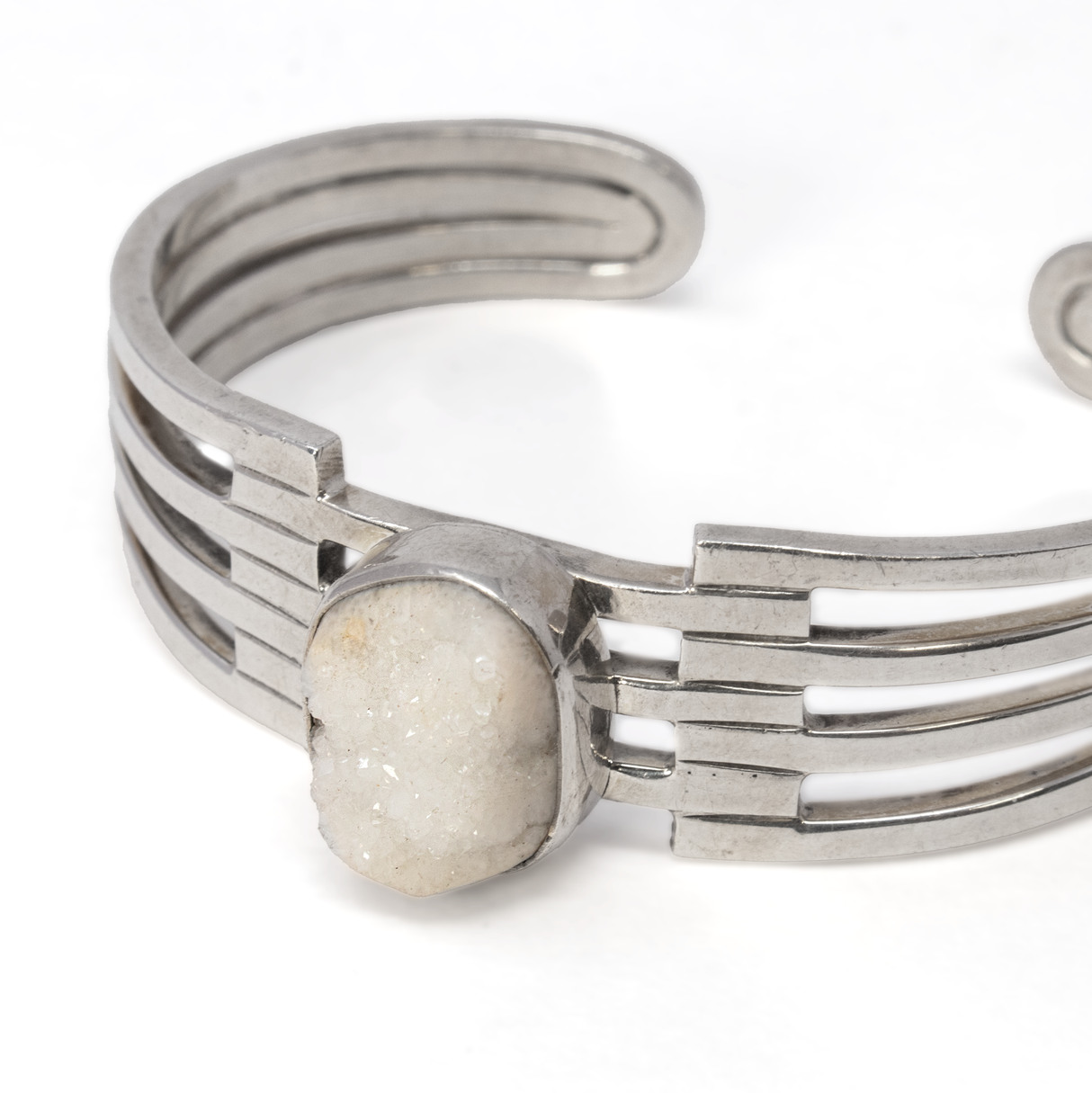 White Quartz Druze Cuff -Simple Bezel On Quad Spaced Bands