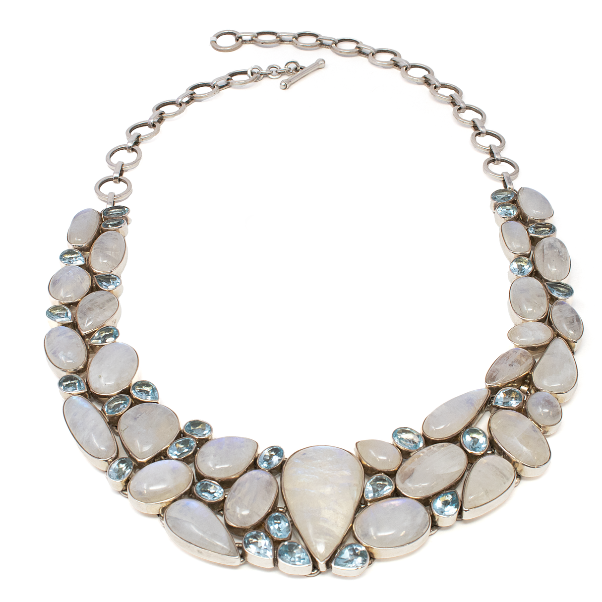 View of Rainbow Moonstone Necklace Collar -Reverse Pear With Faceted Blue Topaz