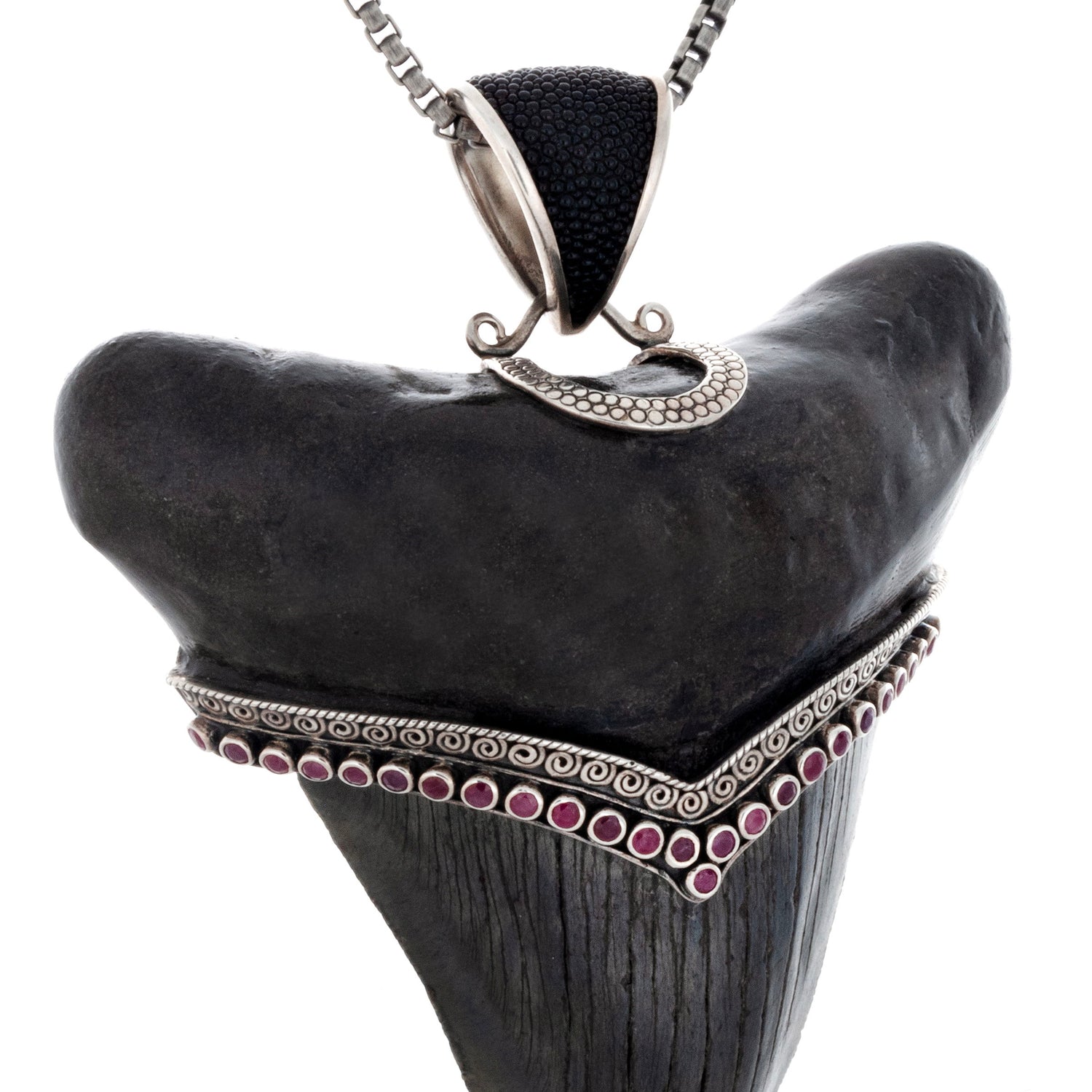 View of Megalodon Shark Tooth Pendant With Rubies & Stingray Leather Bail & Kick Stand
