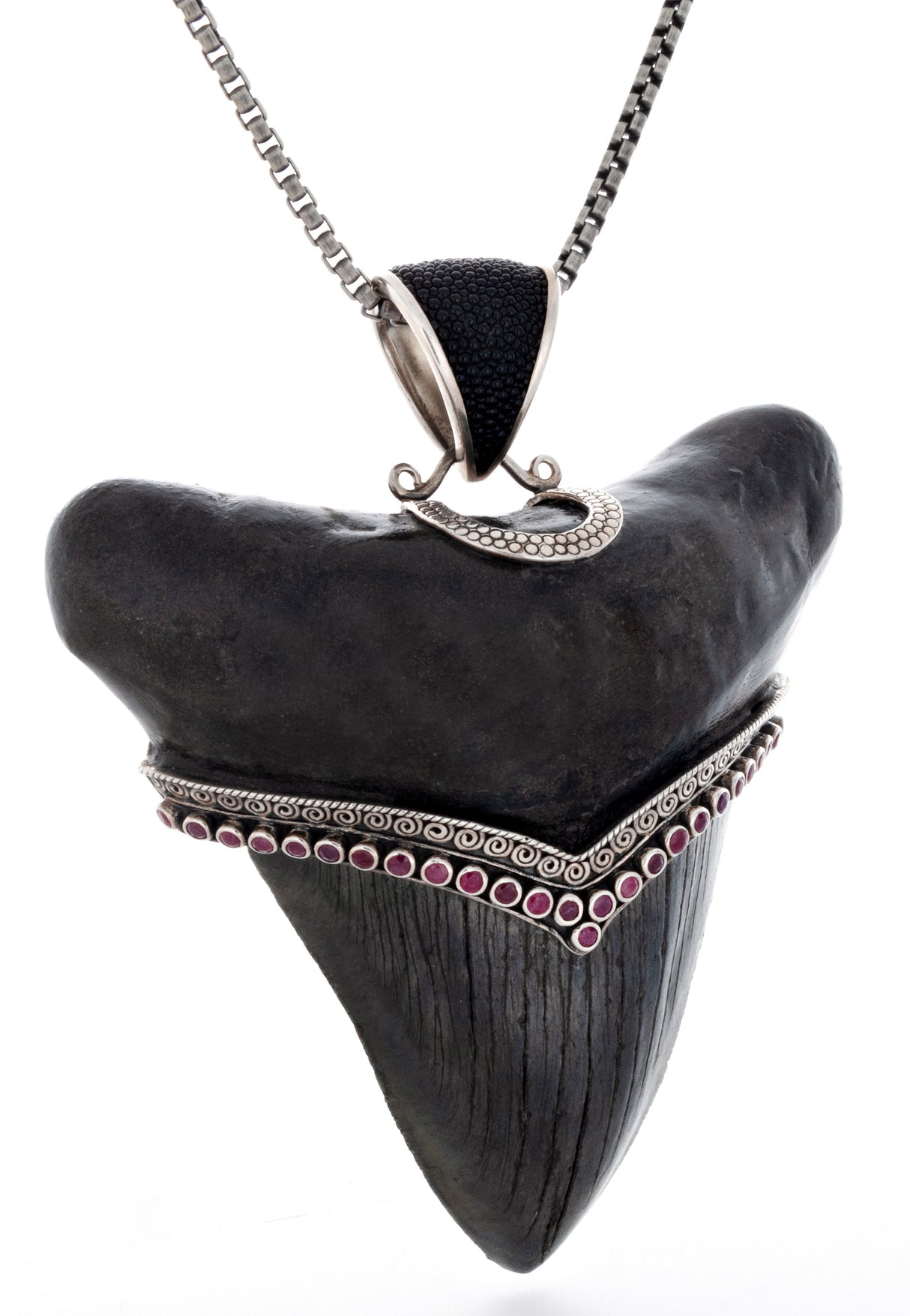 View of Megalodon Shark Tooth Pendant With Rubies & Stingray Leather Bail & Kick Stand