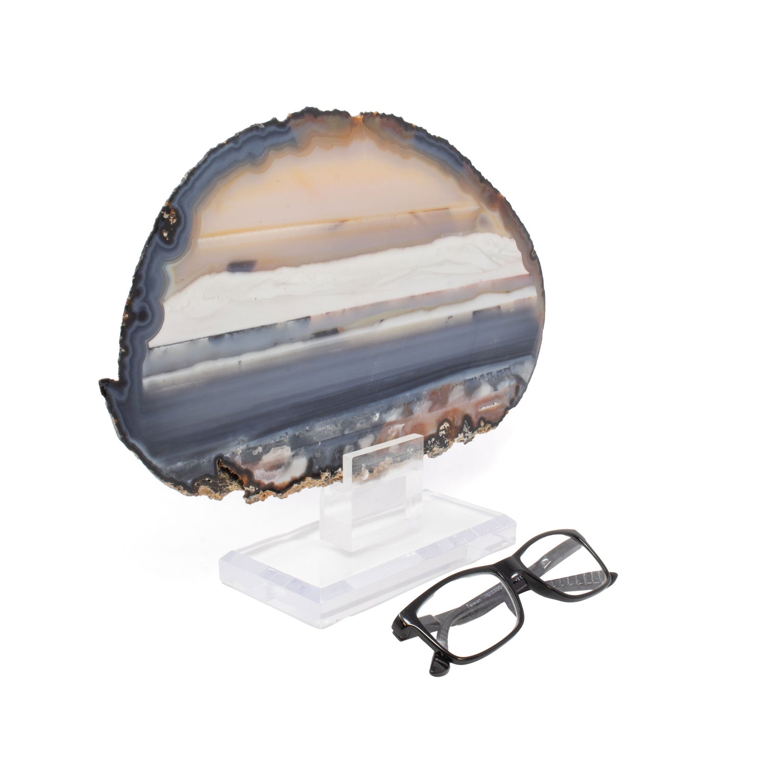 Scenic Agate Slice on Acrylic Screw Stand - Blue Waters with Vanilla Skies