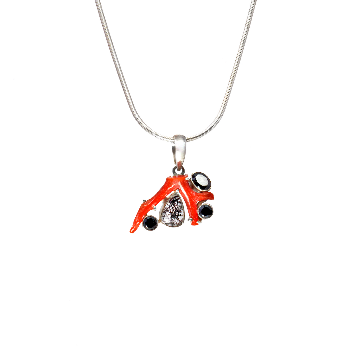 View of Mediterranean Coral Branch Pendant With Tourmalted Quartz & Spinels