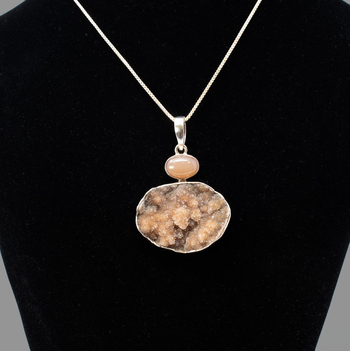 View of Natural Chocolate Druze Pendant With Peach Moonstone Oval