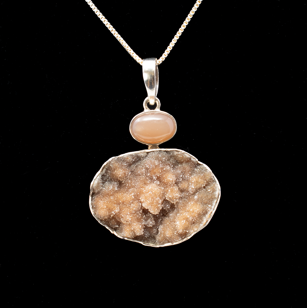 Natural Chocolate Druze Pendant With Peach Moonstone Oval