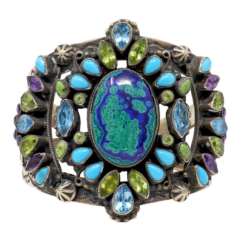 Leo Feeney Botryoidal Malachite-Azurite Cuff Bracelet with Sleeping Beauty Turquoise, Peridot, Blue Topaz, Green Turquoise & Amethyst