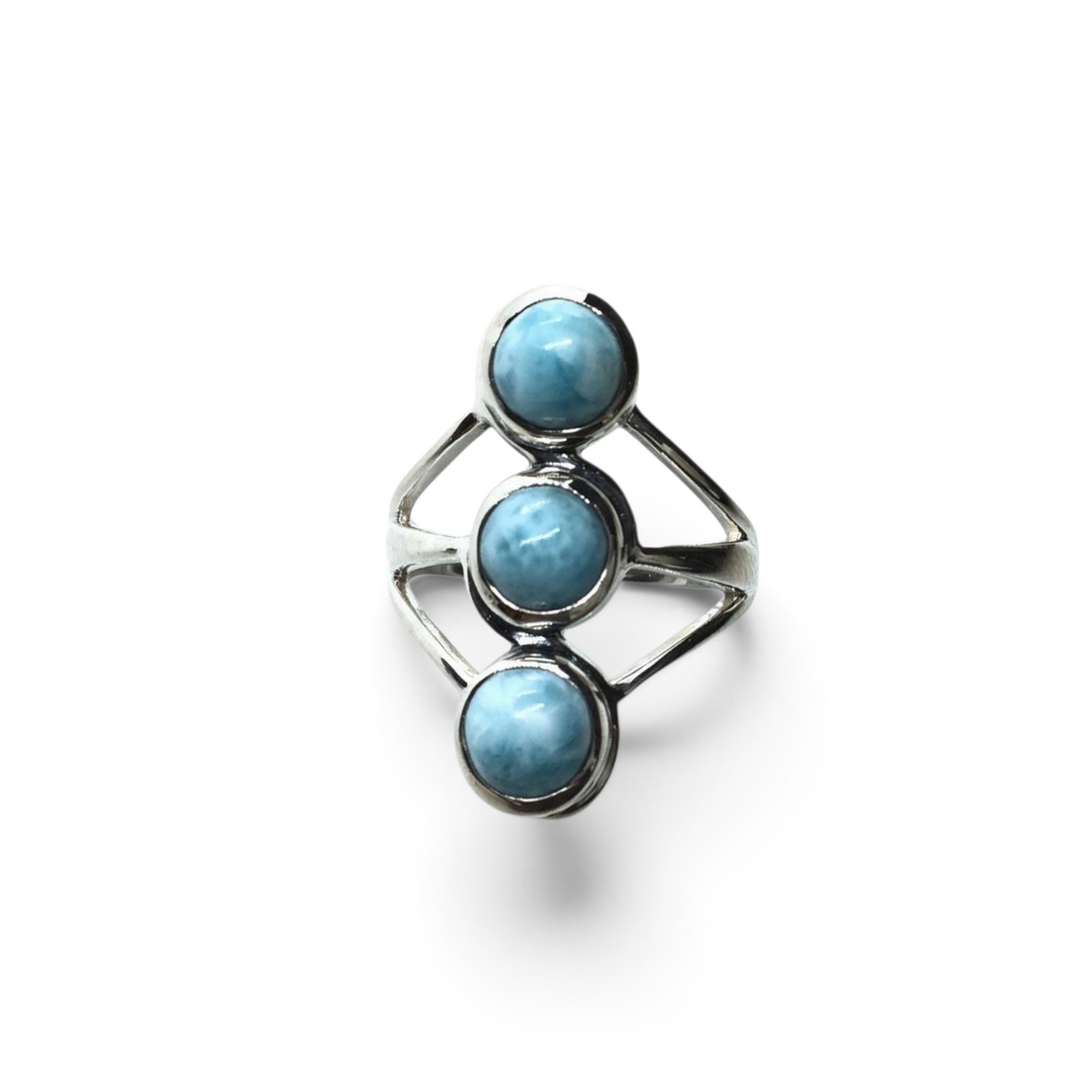 Rare Earth Gallery sterling silver ring featuring three round bezel-set larimar cabochons in an in-line design