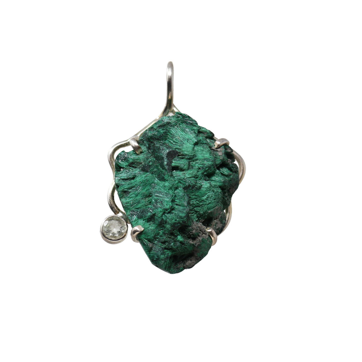 View of Chatoyant Malachite Prong Set Pendant with Faceted Prasiolite & Silver Wiring