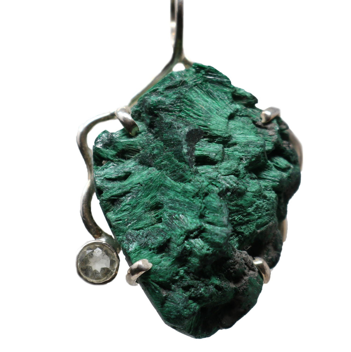 Chatoyant Malachite Prong Set Pendant with Faceted Prasiolite & Silver Wiring