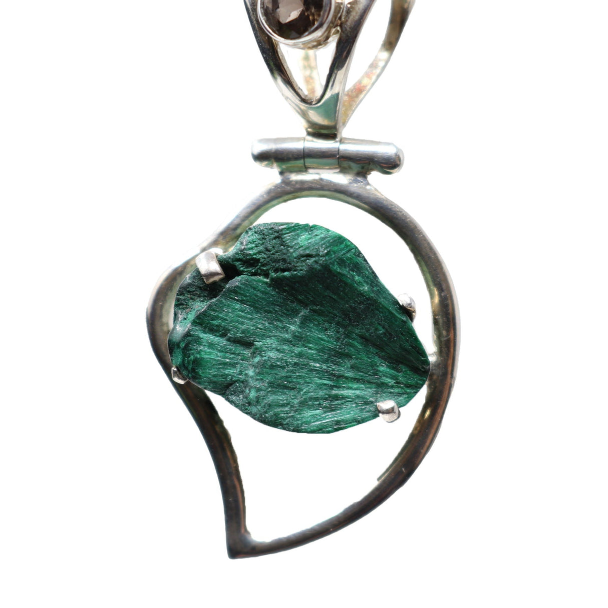 Chatoyant Malachite Prong Set Pendant with Smoky Quartz - Silver Heart Detail & Cutout Bail