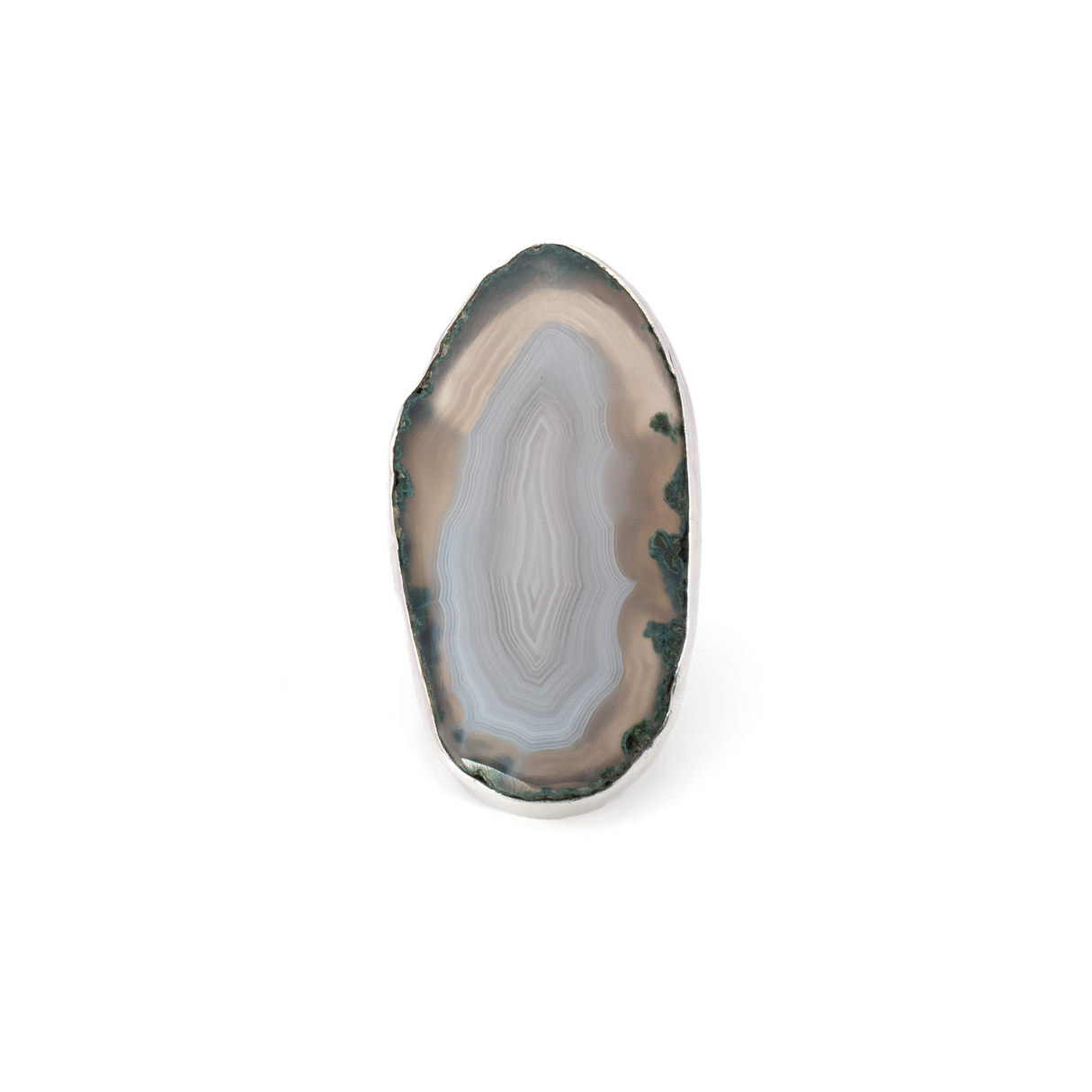 View of Translucent Fawn Edge With Light Blue & White Banded Agate Ring With Moss Agate & Cutout Double Band Sz 8