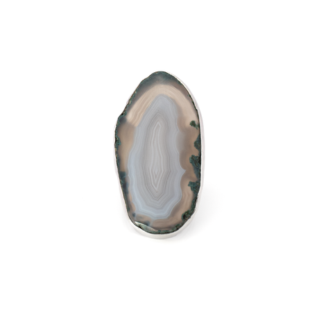 View of Translucent Fawn Edge With Light Blue & White Banded Agate Ring With Moss Agate & Cutout Double Band Sz 8