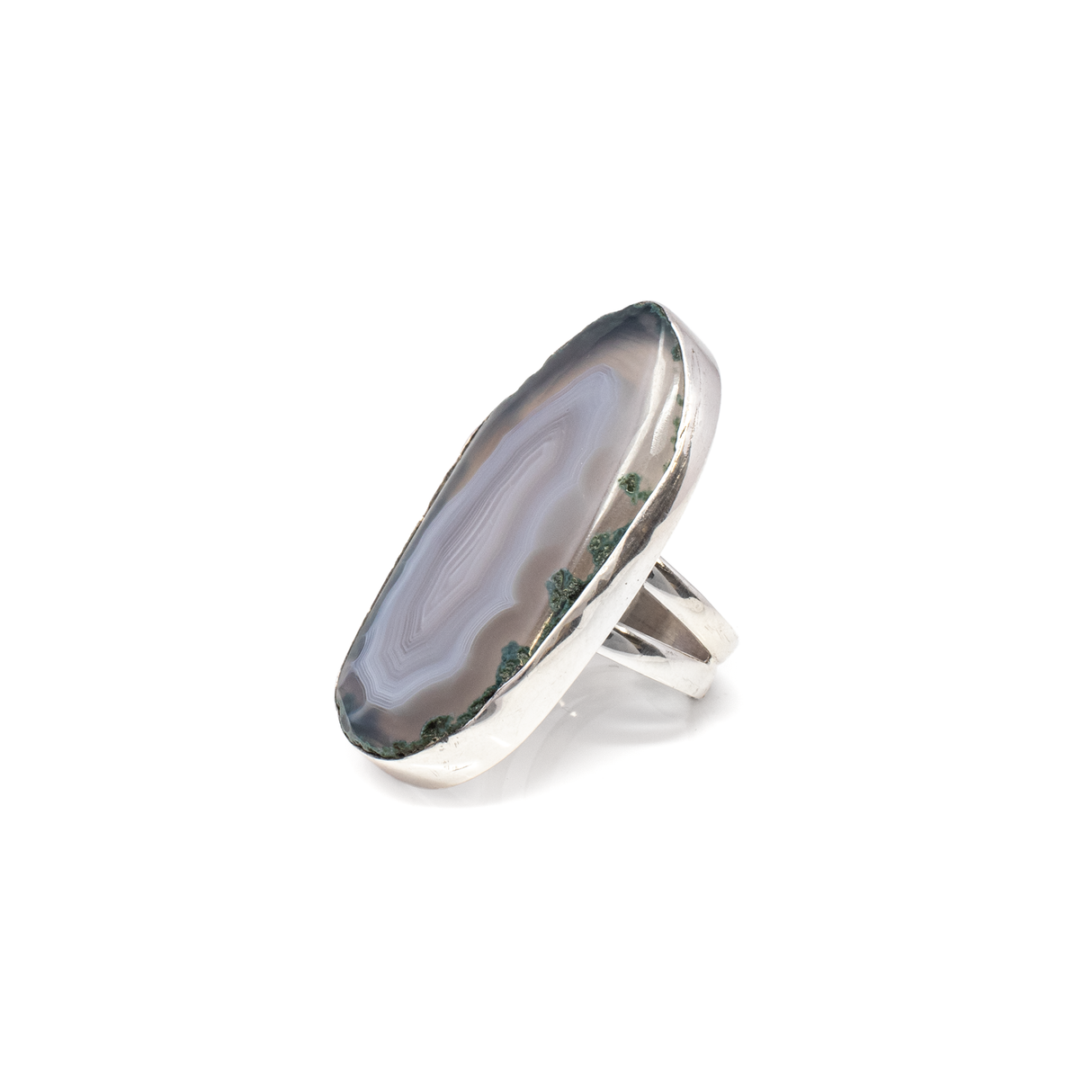 Translucent Fawn Edge With Light Blue & White Banded Agate Ring With Moss Agate & Cutout Double Band Sz 8