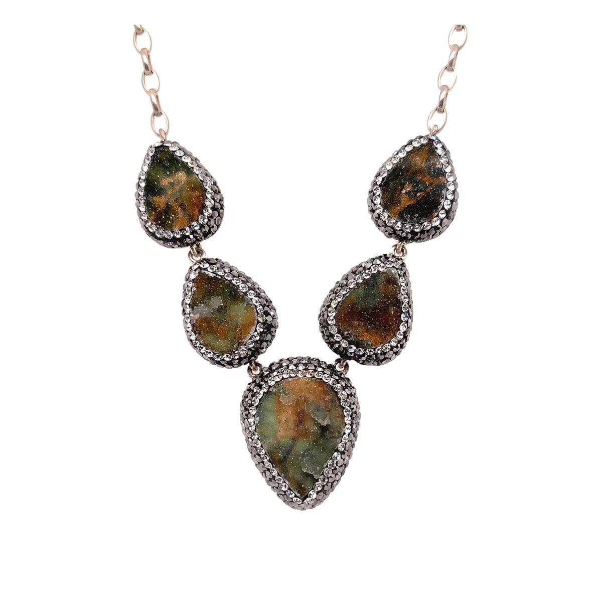 Natural Druze Necklace - 5 Pear Shapes with Marcasite & Silver Crystals